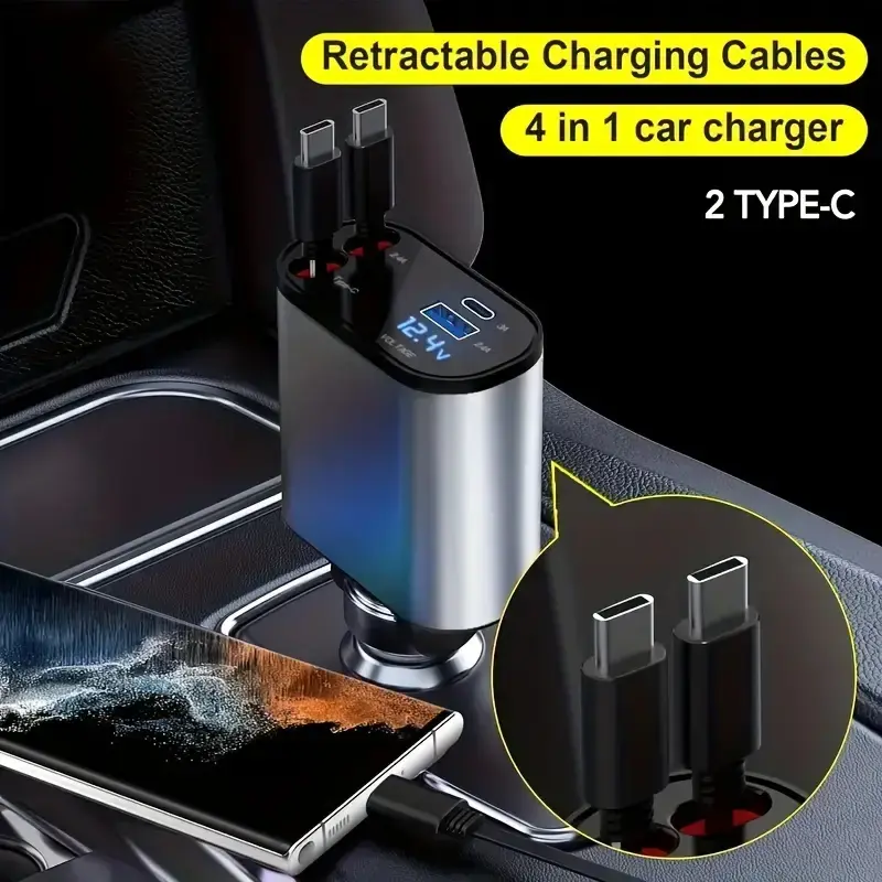 Bộ sạc ô tô, Sạc nhanh 4 trong 1, Sạc siêu nhanh, Tương thích với Type-C, IOS và USB, Cáp Có Thể Thu Vào 1