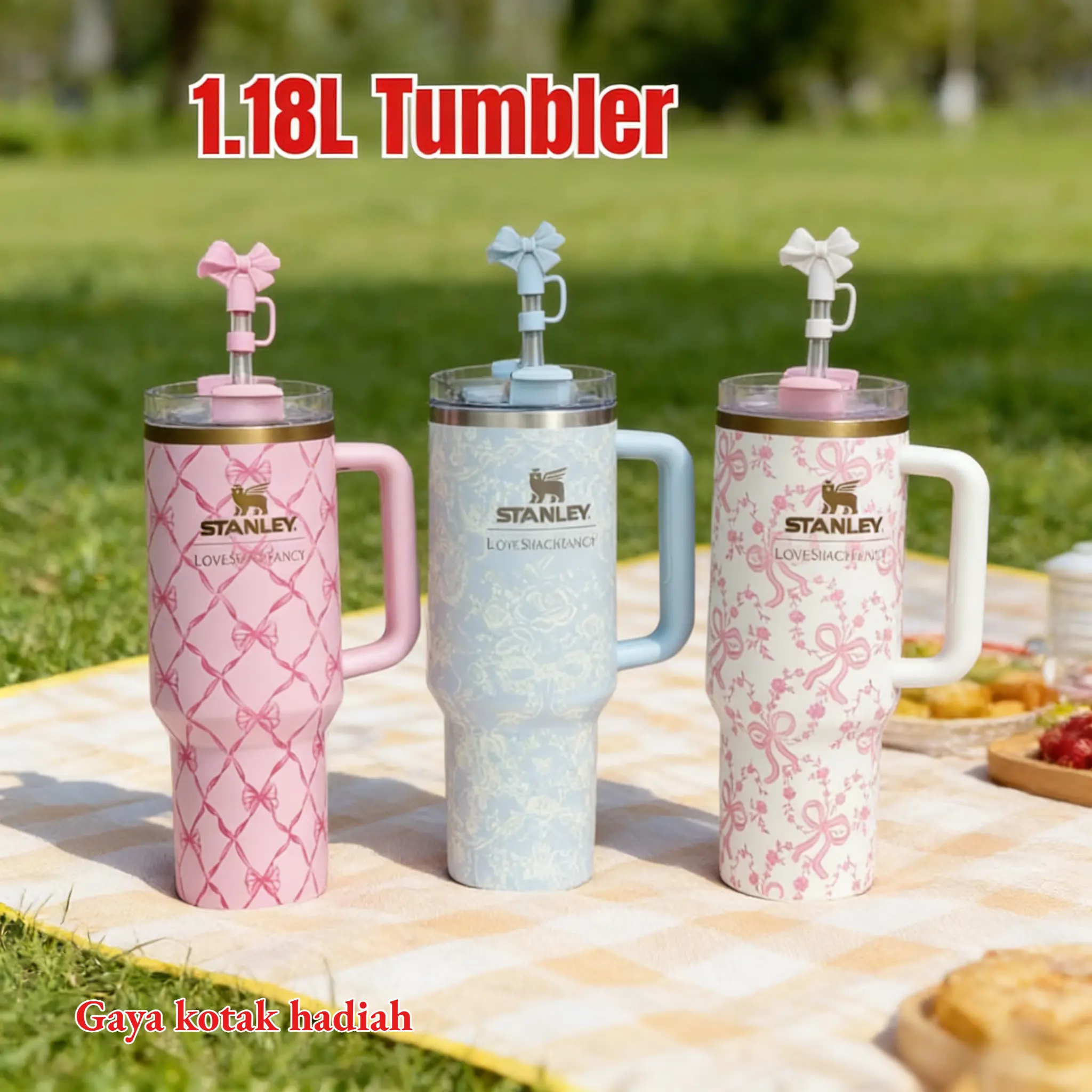 【COD】Set Hadiah Botol Air Minum Stainless Steel Berinsulasi Seri Bow 40oz/1.18L, Motif Bunga, Mug Berinsulasi Kapasitas Besar Portabel, Sempurna untuk Hadiah/Kado Ulang Tahun