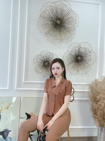 Bộ công sở màu nâu tay ngắn trượt hàn quốc, chất liệu vải loại một cho nữ - Áo, kiểu vét cổ nơ 3