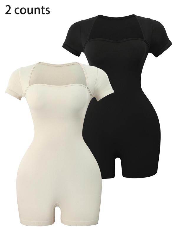 Women's Basic Square Neck Sports  Romper, Pickleball & Tennis Clothes, Lady Sporty Back To School Short Sleeve Ribbed Romper, Ladies   Minimalistic Clothes for Indoor Outdoor Wear, Womenswear 0