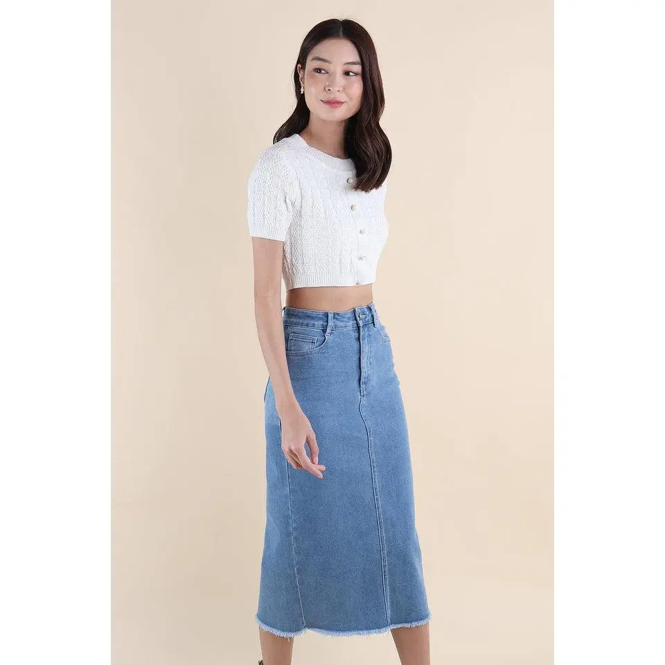 RESTOCKED** MILLER DENIM MIDI SKIRT IN MID