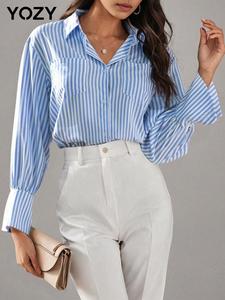 YOZY Women's Striped Print Button Front Shirt, Casual Long Sleeve Collared Top for Summer, Ladies Clothes for Daily Wear