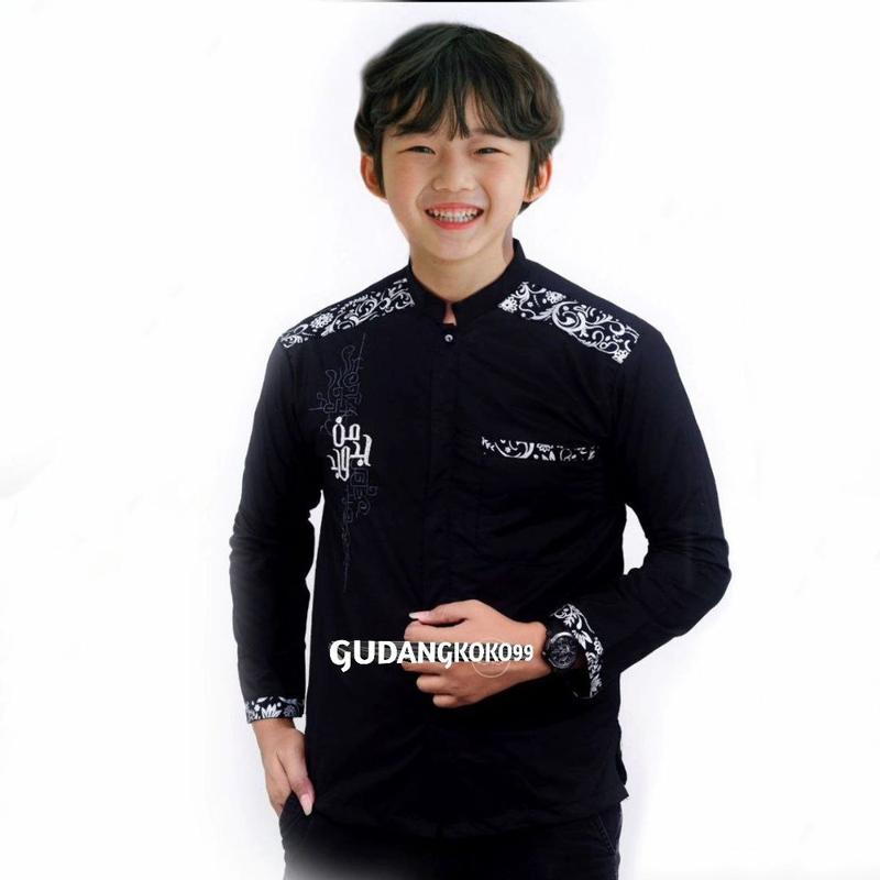baju koko anak bordil terbaru koko majjada katun batik  kombinasi  bordir Muslim Panjang Nyaman Turki Peci baju koko 14–17  Navy Lebaran Hitam 3
