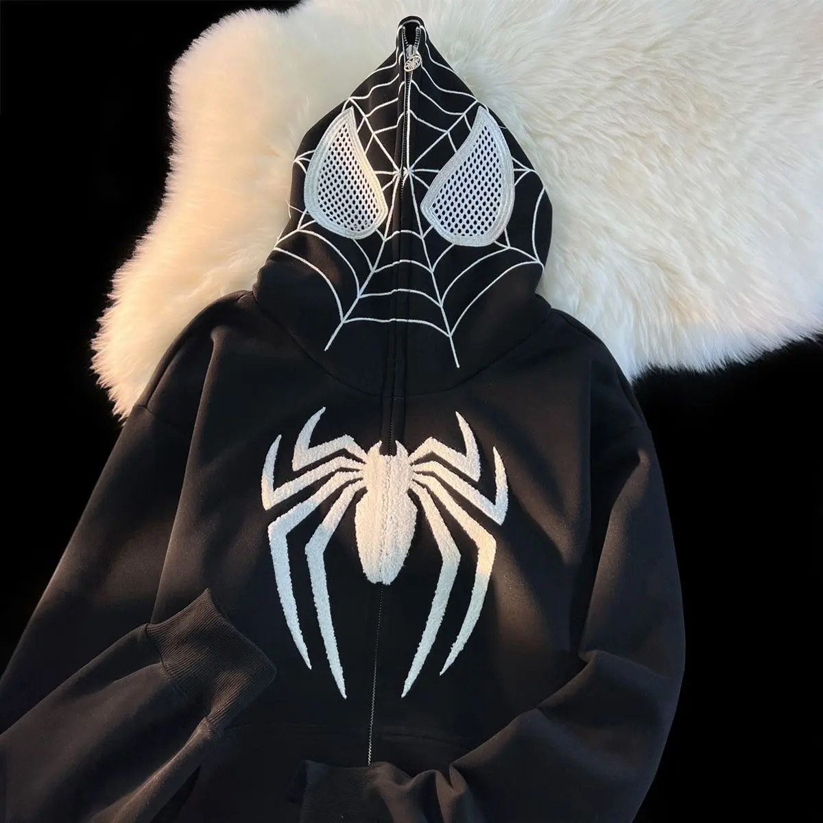 Pullover Bertudung Spider-Man, Rekaan Niche Retro Gaya Amerika, Gaya Hip-Hop, Kardigan Zip, Fesyen Cina, Longgar, Kot Jalanan, Untuk Wanita