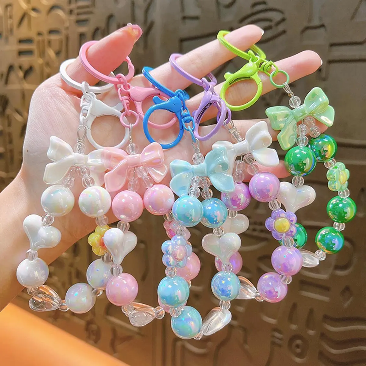 Small Fresh Keychain Couple Bag Earphone Box Decorative Accessories Diy Acrylic Bead Chain Key Ring Pendant