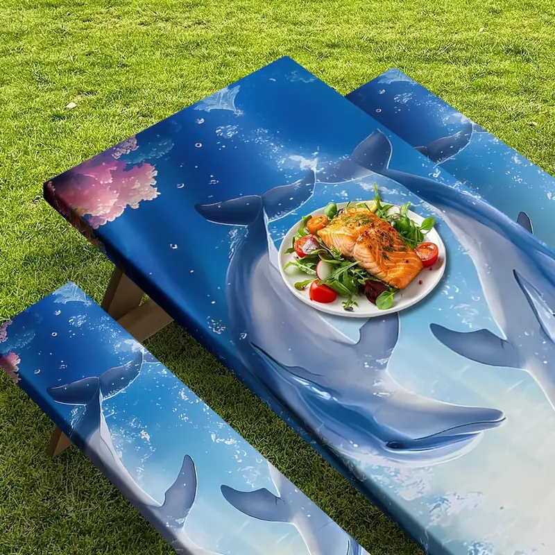 Dolphin Pattern Picnic Table Bench Set, Outdoor Use Table Bench Cover, Versatile Decoration for Picnics, Barbecues, and Park Gatherings 6
