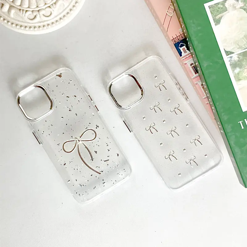 【SatSet.ind】LUX Plating Transparan Tekstur 3D Pita Ribbon Butterfly Compatible with iPh 11 Pro 12 ProMax 13 14 Plus 15 16 Casing Cover Elegan Mewah Glitter Metal Plating Clear Case back  cover 4