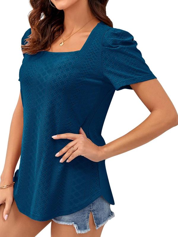 Women's Plain Eyelet Embroidery Puff Sleeve Tee, Fashion Casual Short Sleeve Square Neck T-shirt for Summer, Women's Top for Daily Wear, Womenswear 3