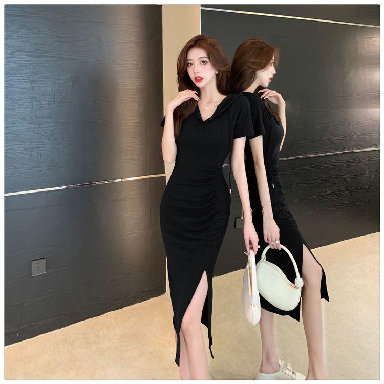 Product Introduction of Casual new style fashionable split mid length hooded skirt with women's summer temperament, waist cinched short sleeved drawstring dress 12