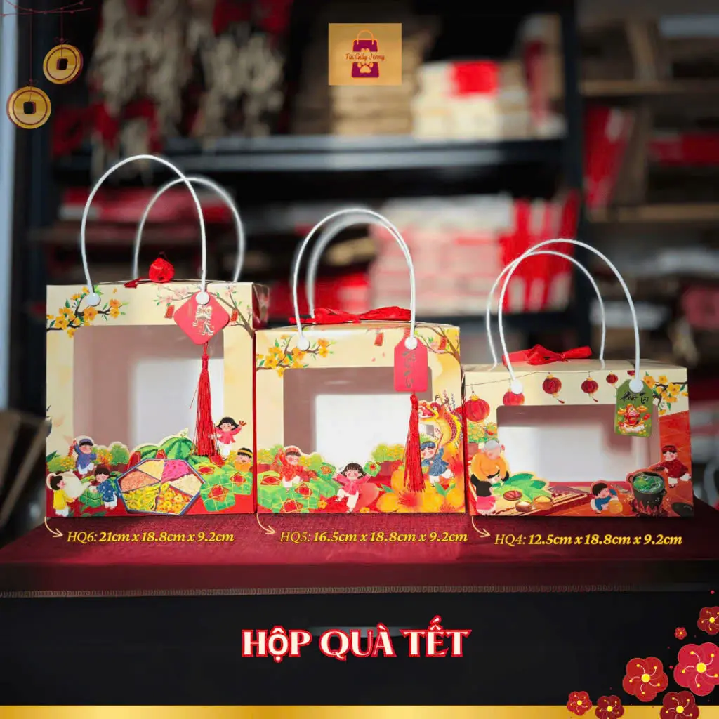 Hộp Giấy Mã Q Tết Đựng Quà Tết, Đựng 2 đến 4 Hũ Pet, Hạt Ngũ Cốc, Hạt Điều, Macca Set Quà Biếu Tết