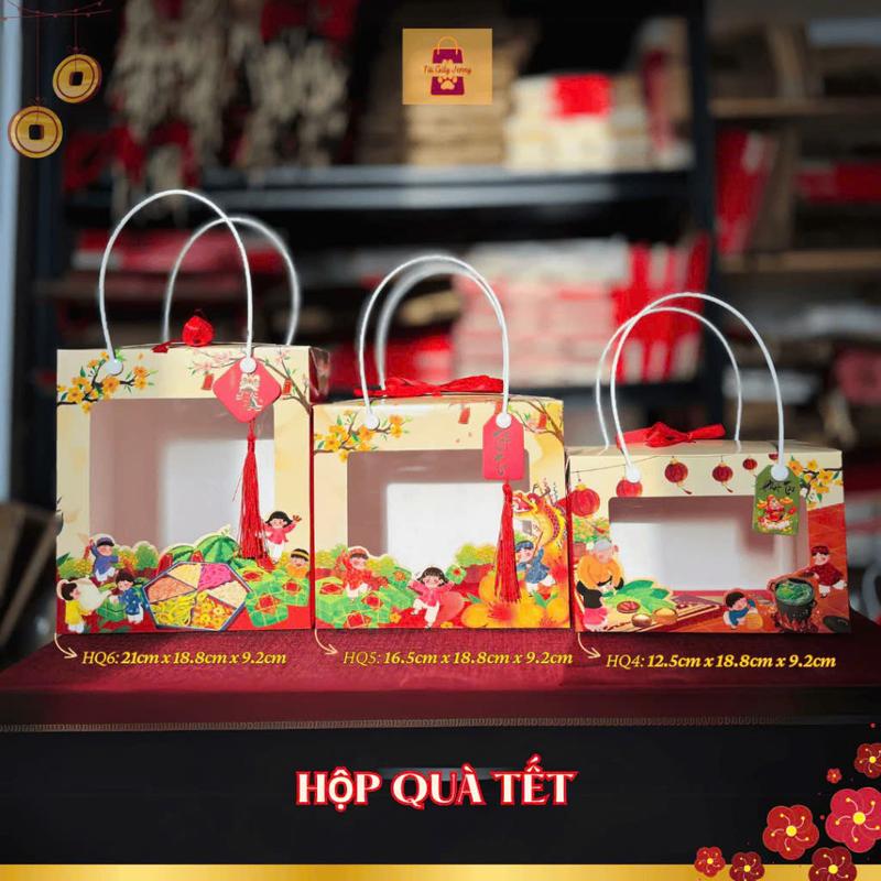  Hộp Giấy Mã Q Tết Đựng Quà Tết Đựng 2 đến 4 Hũ Pet Hạt Ngũ Cốc Hạt Điều Macca Set Quà Biếu Tết 