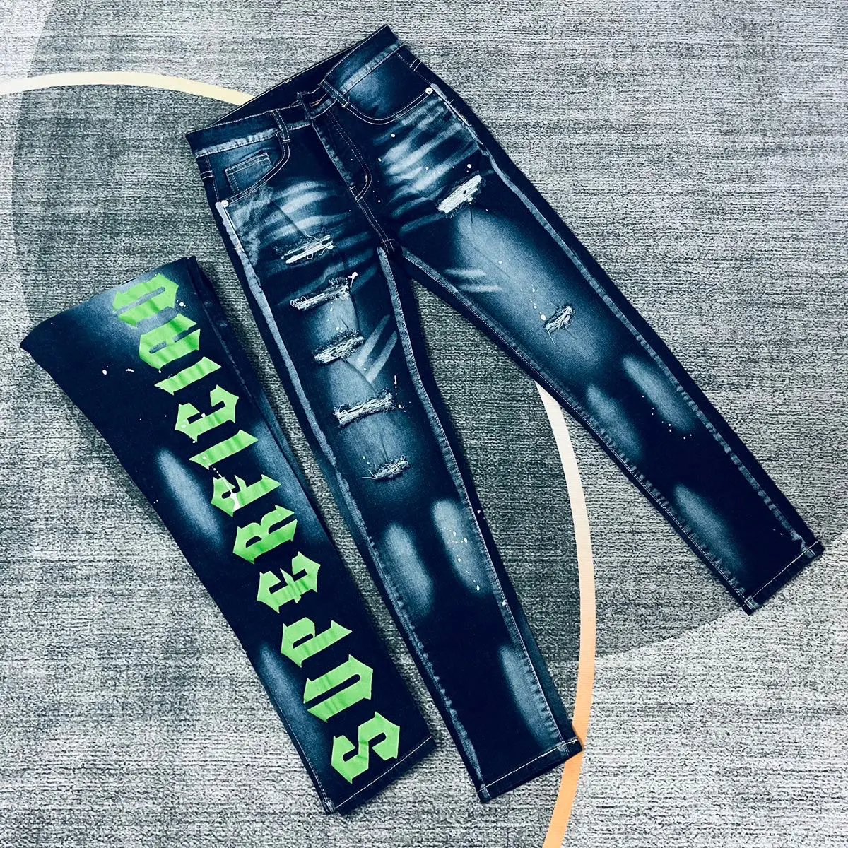 Quần jean nam dài xanh rách in chữ phong cách mới co giãn ôm form Menswear Pants