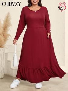 CURVZY Plus Size Solid Ruffle Hem Pocket Round Neck Dress, Casual Long Sleeve A Line Dress for Daily Wear, Women's Clothing for All Seasons