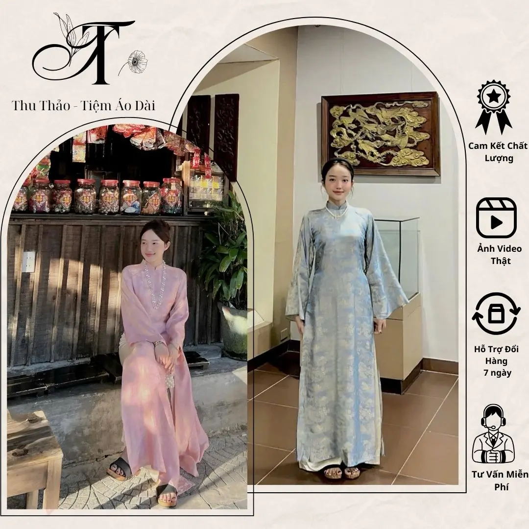 Áo Dài Gấm Tằm Tháp Dáng Xuông Xưa Cao Cấp ,Áo Dài Tay Xoè Phối Quần Lụa Cao Cấp (TAY DÀI)