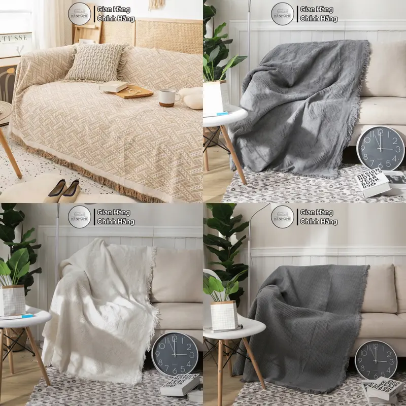 Khăn Trải Sofa Họa Tiết 2 Mặt, Thảm Trải Bàn Phối Ren Tua Rua, Thảm Picnic Phong Cách Bắc Âu Màu Sang Trọng, KENHOME 6