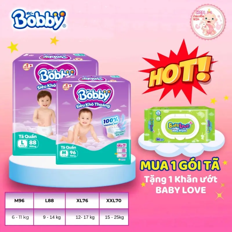 [HCM ] Tã quần BOBBY Ultra Siêu Khô Thoáng size M96/L88/XL76/XXL70 0