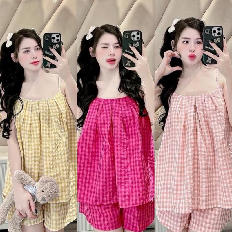 Set bộ áo dây caro quần ngắn form rộng có túi dây điều chỉnh được bộ đồ nữ đũi mát