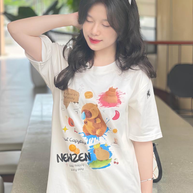 Áo thun tay lỡ unisex Newzen NZ01 cotton 100 co dãn 4 chiều - Nam, Menswear, Capybara, Cổ Tròn Top 4