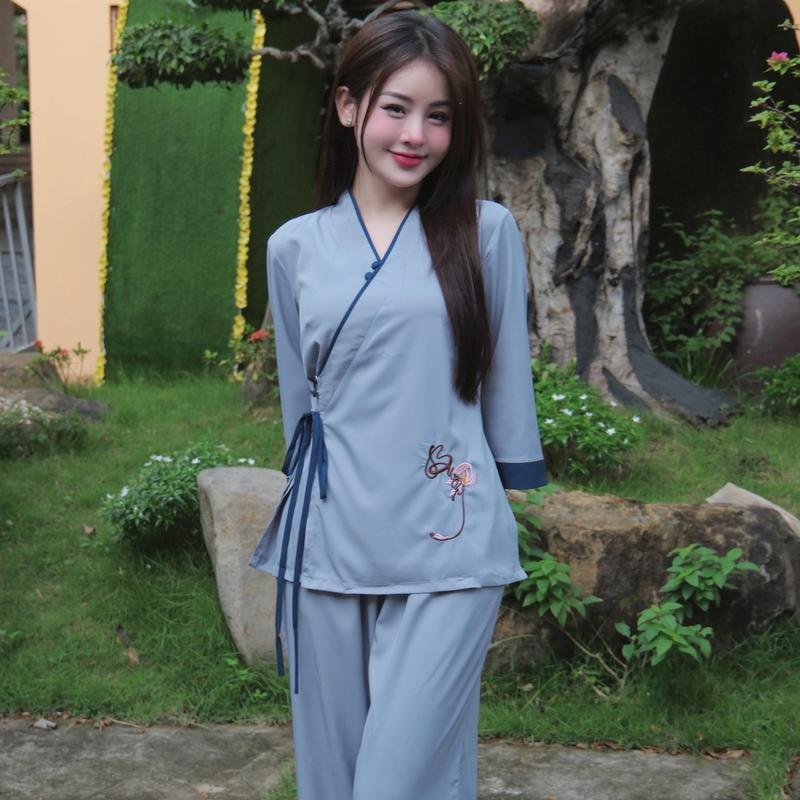 Pháp phục đi chùa cổ V vạt chéo thêu chữ Buông vải lụa trượt Bộ đồ đi chùa đính cúc bọc thắt nơ Đồ lam nữ lụa mềm mát Áo Women Jacket Top 7