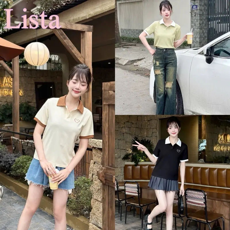 Áo thun nữ POLO Lista from BaByTee thiết kế thêu trái tim  Cotton ,Thanh lịch,  Top Tre trung , Năng động , dễ Mix  Voi đồ . có size 35-85kg ( M2)