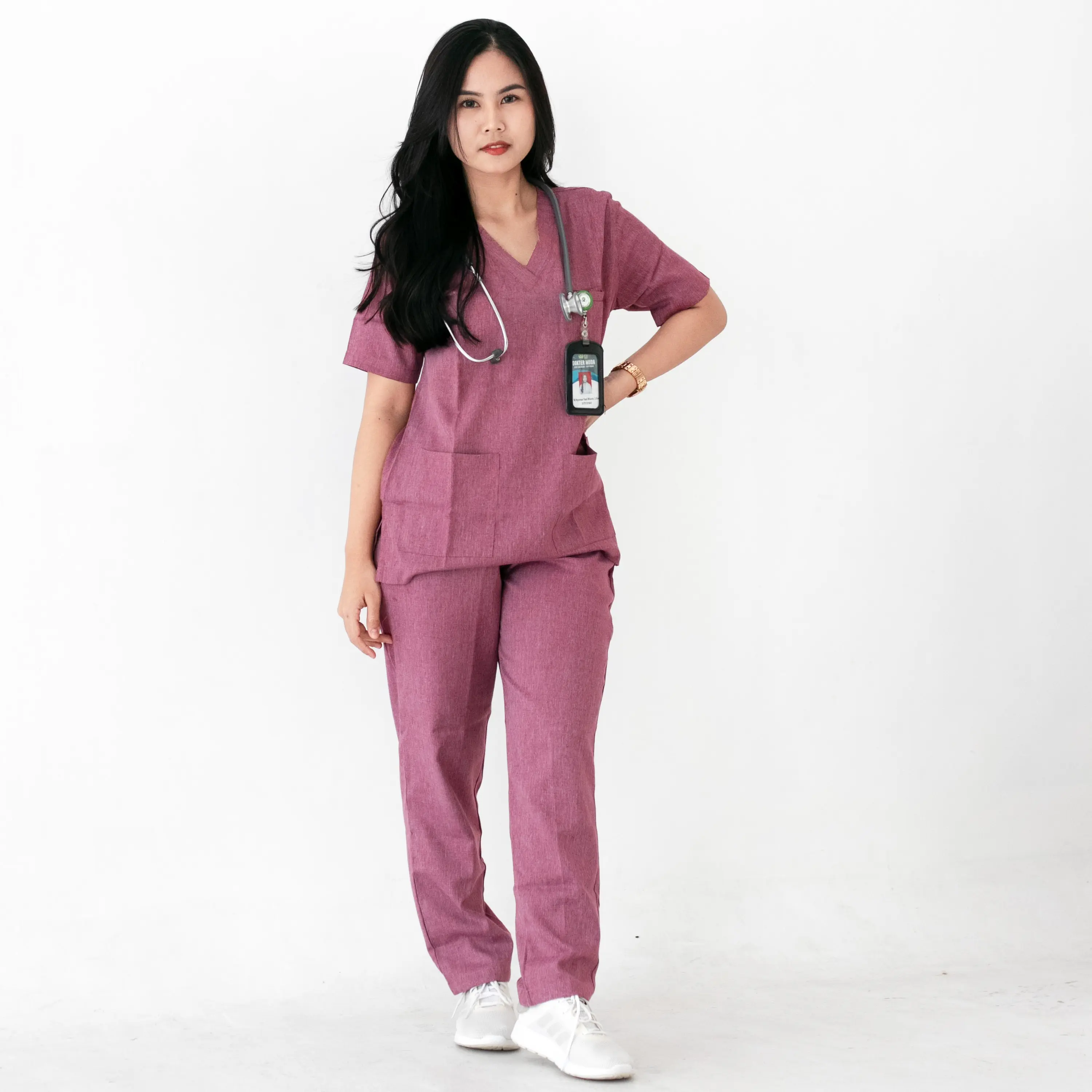 [Two Tone Collection Pink] Scrub Dokter / Baju Jaga Dokter / Baju OK / Baju Perawat / Dokter Lengan Pendek Warna Pink Denim