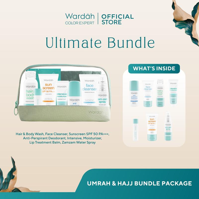 Wardah Umrah & Hajj Package - Paket Haji dan Umroh - Hair and Body Wash, Face Cleanser, Sunscreen SPF 50 PA+++ , Anti Perspirant Deodorant, Moisturizer, Lip Treatment Balm, ZamZam Water Spray 2
