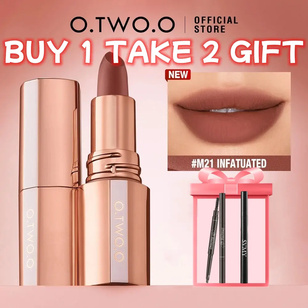 [BUY 1 TAKE 2 GIFT]O.TWO.O Velvet Lipstick Matte Highly Pigmented Lip Tint 24H Long Lasting Waterproof Non-stick Cup Silky Smooth Lip Cosmetics