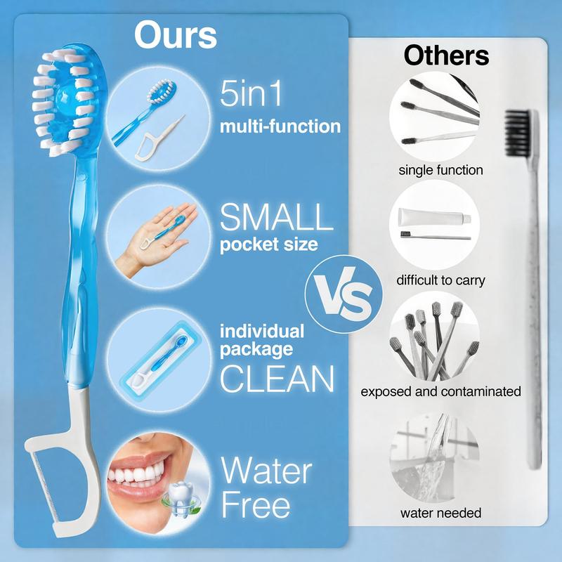 Disposable Mini Travel Toothbrush, 40pcs 5 in 1 Pre-pasted Toothbrush & Floss & Pick & Tongue Scraper, Portable Individual Pack for Travel, Breath Freshener Bead with Ice Flavor, No Water Or Rinsing, Floss Glide Easily, for Adult, Mouth Hygiene Kit 5