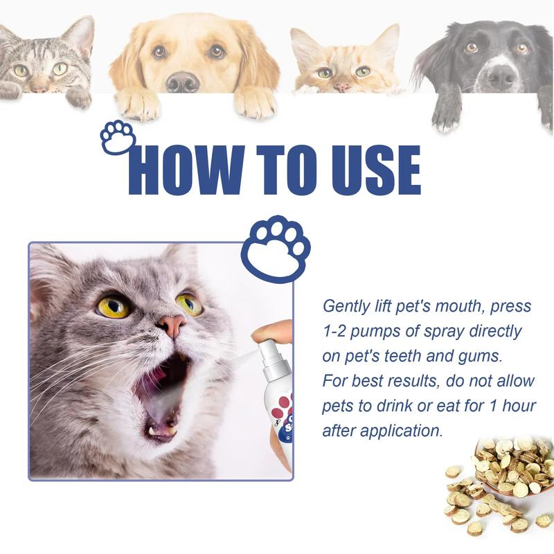 Product Introduction of Pet Oral Cleanse Spray Dog Cat Mouth Fresh Teeth Tartar Cleaning Prevent Calculus Deodorant Whitening Pet Teeth Cleaner Spray 30