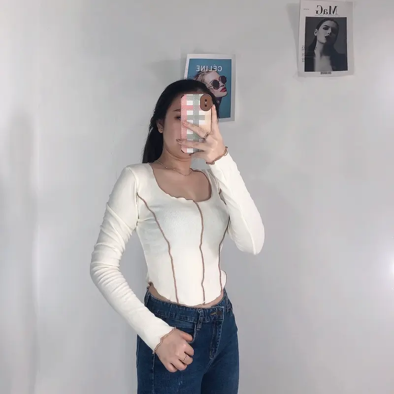 GIO LIST LONG SLEEVE TOP | Atasan Wanita Lengan Panjang Lis Bahan Kaos Melar Oversize Nyaman Basic Putih Baju 2