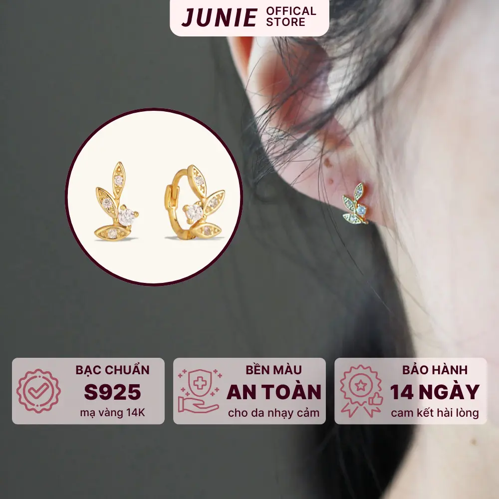 JUNIE - Bông tai nữ Liko - Bông Tai Đính Đá Cubic Zirconia Dịu dàng, Trang Nhã - Bạc 925 Mạ Vàng 14K