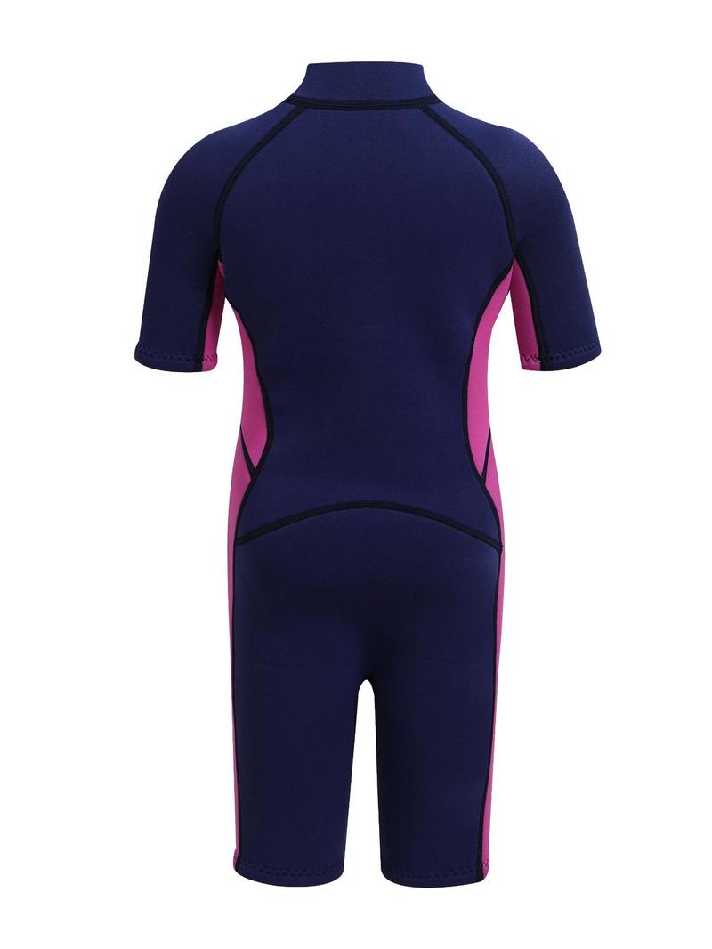 Product Introduction of Girl's Letter & Patchwork Print Professional Diving Swimsuit, Casual Half Zip Raglan Sleeve Swimwear, Professional Diving Suit for Outdoor Swimming 2