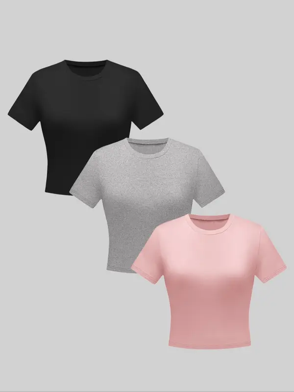 Women's Plain Round Neck Baby Tee, Casual Elegant Short Sleeve T-shirt, T Shirts for Women, Ladies Summer Clothes for Daily Wear, Summer Tops, Womenswear, Tshirt Everyday 2