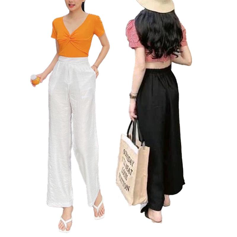 Quần ống rộng nữ vải đũi cạp cao chun sau màu trắng đen Geleva GE914