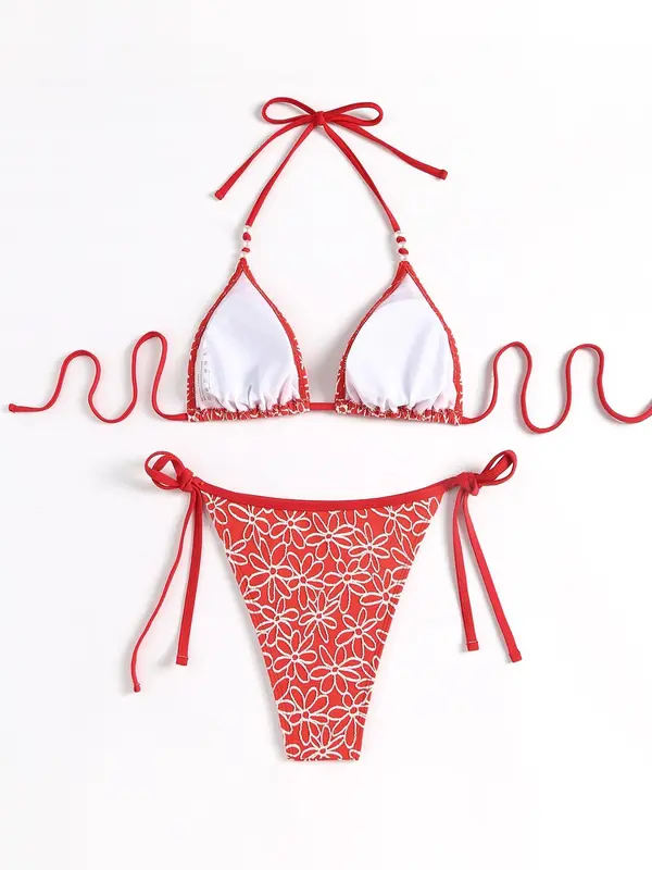 Women's Floral Print Beaded Halter Triangle Bikini Set, High Stretch Casual Fashion Tie Back Backless Swim Top & Tie Side Swim Bottom for Beach Holiday Vacation, Ladies Swimsuit for All Seasons 1