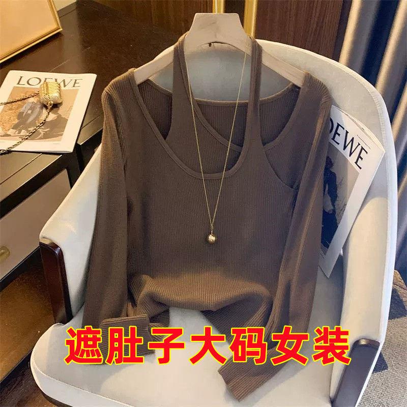 Áo Thun Nữ Ngoại Cỡ  150,00kg  Cổ Yếm Cổ Dài Tay Áo Sang Trọng Độc Đáo Thích Hợp Cho Mùa Thu Và Mùa Đông Thích Hợp Cho Cô Gái Đầy Đặn Thiết Kế Giả Hai Mảnh Áo Lớp Nền Bên Trong 