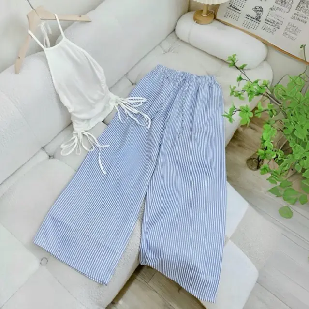 Quần Suông Kẻ Sọc ống rộng lưng chun dây rút vải kate form suông siêu đẹp_668 3