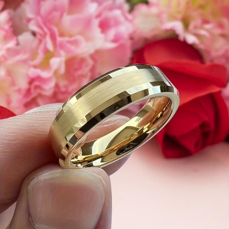 Product Introduction of [Local warehouse shipments] 1pc Luxurious 6mm Gold-Plated Tungsten Carbide Engagement Ring - Sleek Beveled Edges, Fashion Wedding Band for Men & Women, Durable & Stylish 10