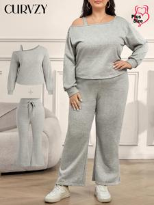 CURVZY Plus Size Two-Piece Set Solid Asymmetrical Neck Top & Drawstring Waist Flare Leg Pants Set, Casual Drop Shoulder Long Sleeve Top & Trousers, Women's Spring & Fall Outfits