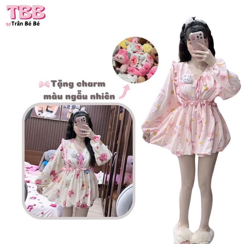 [Tặng Charm] TBB Set Áo Babydoll Tay Dài Nhúng Eo Kèm Quần, Set Mặc Thường Ngày. vay  mactet