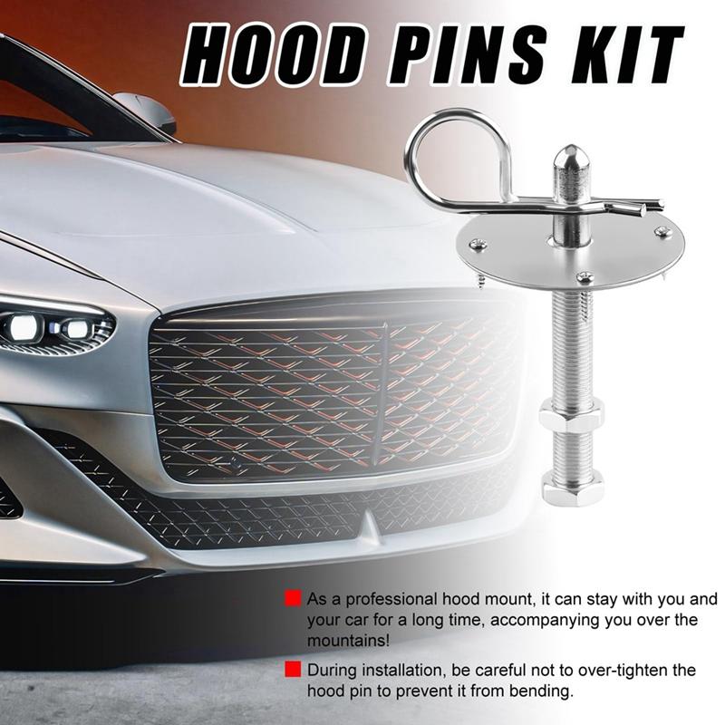 Stainless Steel Hood Pin Kit With Racing Lanyard – Black, Universal Car Hood Lock Clips, 2.49x2.49x4.13 Inch