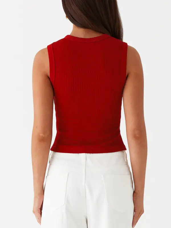 Women's Solid Color Front Buckle Crop Vest, Casual Sleeveless Ribbed Crop Top for Summer Daily Wear, Ladies Clothes for All Seasons 5