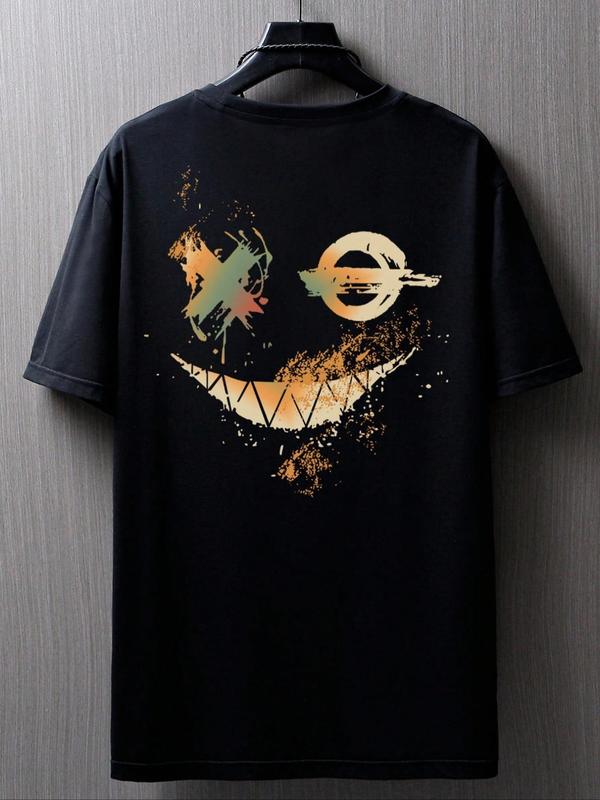 Men's Geometric Expression Print Round Neck Tee, Regular Fit Summer Clothes Casual Short Sleeve T-shirt for Summer, Graphic Tees, Men's Top for Daily Wear 2