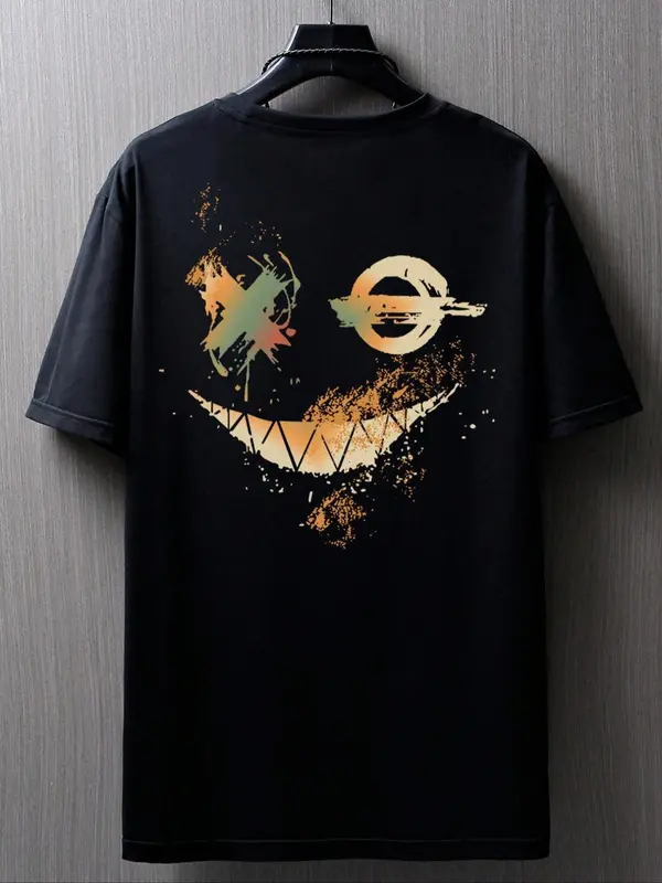 Men's Geometric Expression Print Round Neck Tee, Regular Fit Summer Clothes Casual Short Sleeve T-shirt for Summer, Graphic Tees, Men's Top for Daily Wear 2