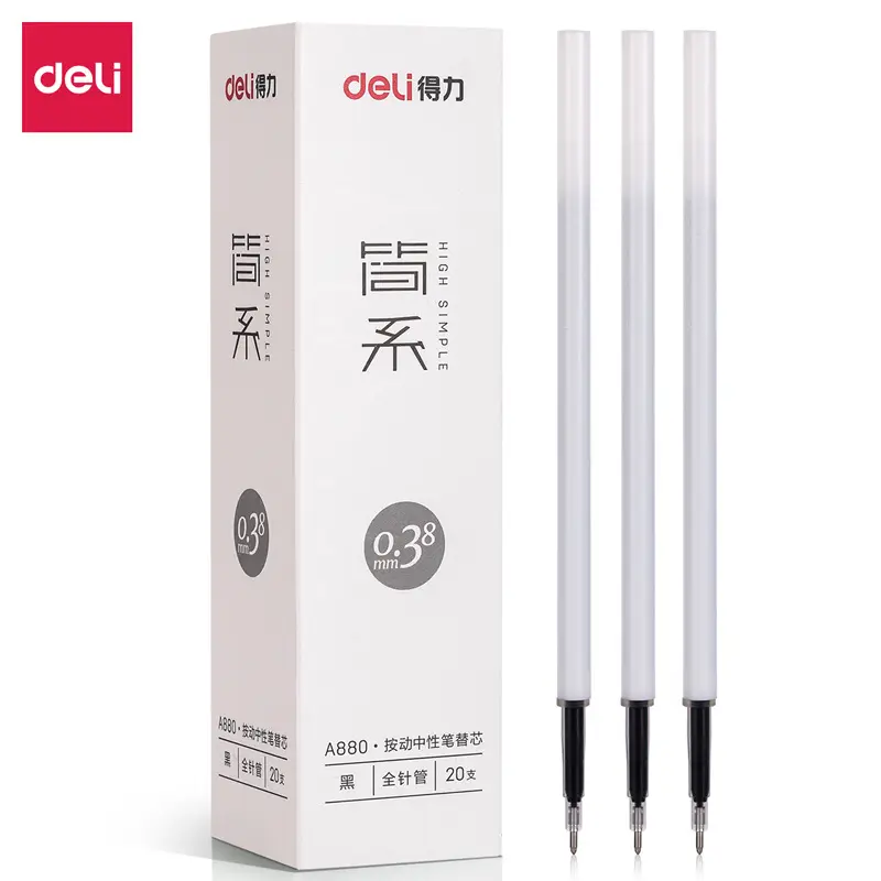 Ruột bút gel Deli A870 / A880 thân trắng mực đen ngòi 0,38mm và 0,5mm 6