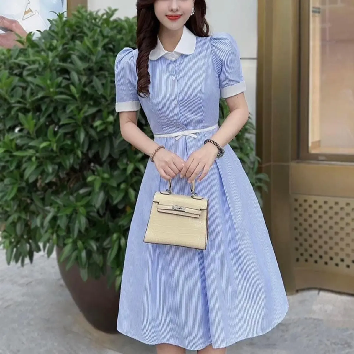 Đầm sọc dễ thương phối viền cổ phong cách Nữ Women Dress Voan setđồ slay chânváy quầnshort tráitim Xanh