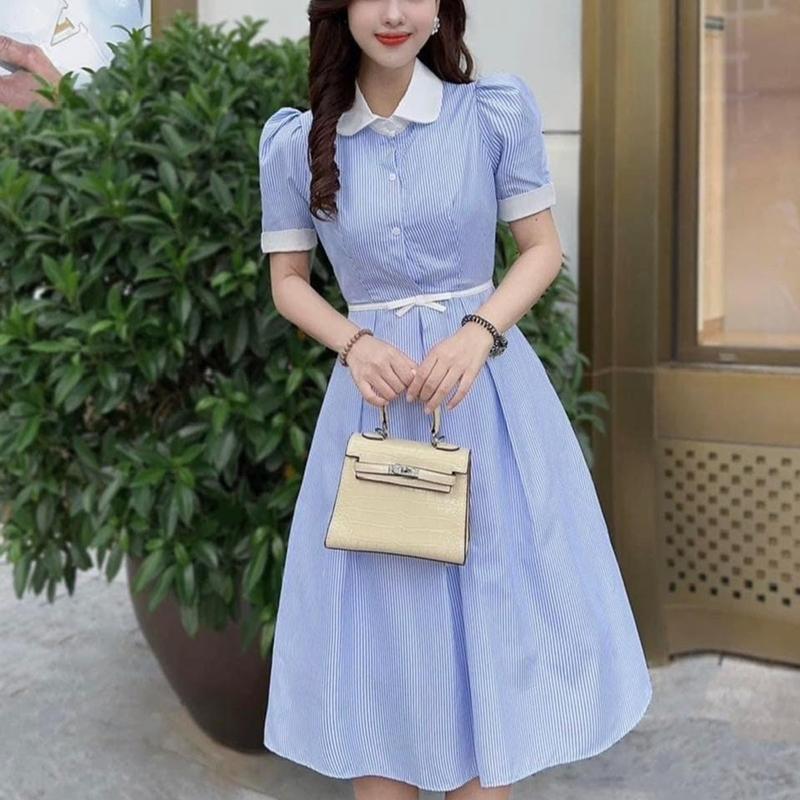 Đầm sọc dễ thương phối viền cổ phong cách Nữ Women Dress Voan setđồ slay chânváy quầnshort tráitim Xanh