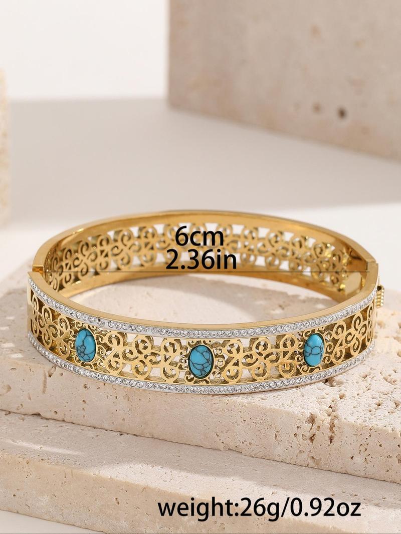 Product Introduction of Vintage Hollow Out Design Bangle for Women & Men, Rhinestone Decor Turquoise Texture Stainless Steel Jewelry for Party, Daily Clothing Decor, Trendy All-match & Exquisite Jewelry for Birthday Gift 1