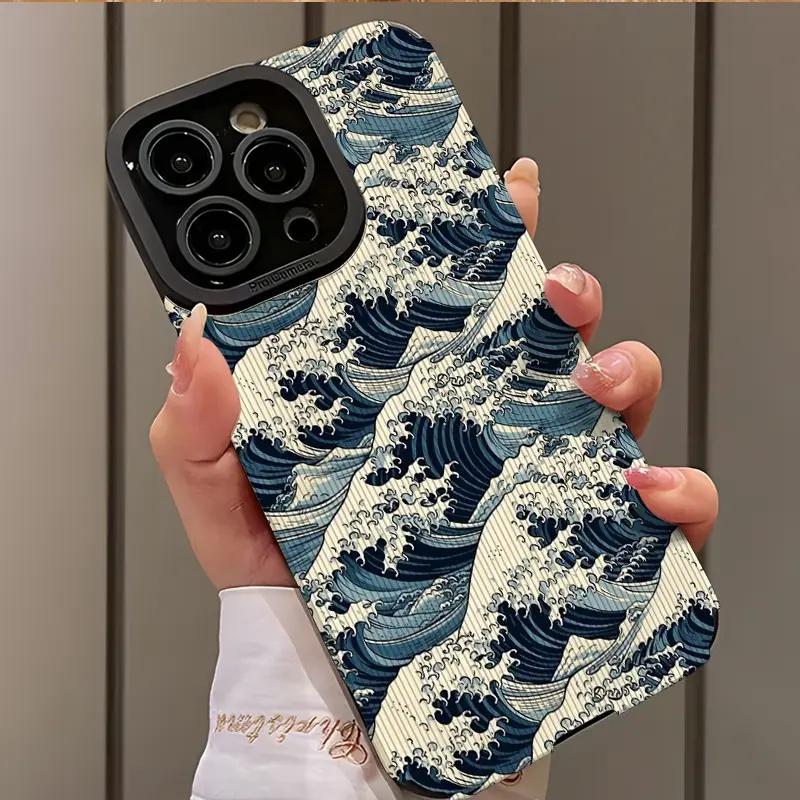 New all inclusive leather creative wave phone case suitable for iPhone 16 16pro 16promax11 12 13 14 Pro Max 15pro 7 8 plus X 11pro 14pro 13pro XS Max anti fall protection phone case 2