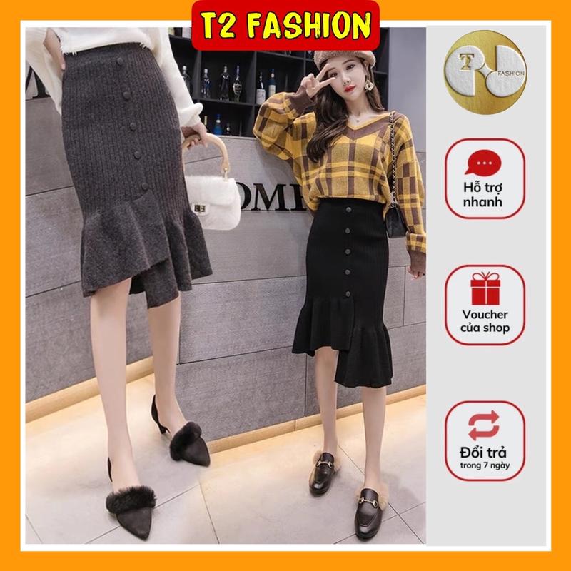 Chân váy len đuôi cá lệch đính cúc giữa - hàng QC Nữ Nâu